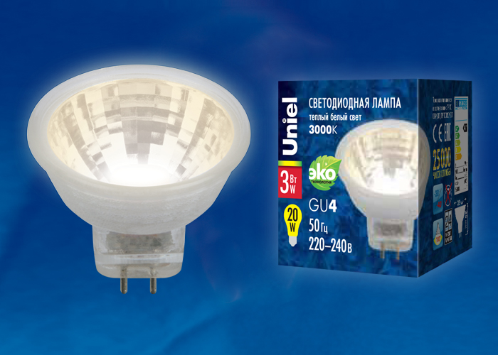 LED-MR11-3W/WW/GU4/220V GLZ21TR  Лампа светодиодная, 220V. Прозрачная. Теплый белый свет (3000K). Ка