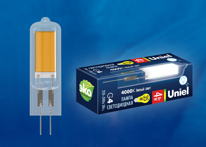 LED-JC-220/4W/4000K/G4/CL GLZ08TR Лампа светодиодная, прозрачная. Белый свет (4000К). Картон. ТМ Uni