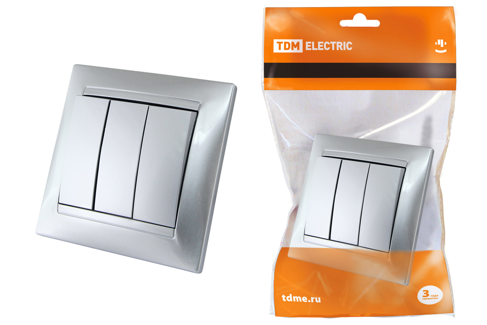 Выключатель 3-х кл. 10А серебр. металлик Лама